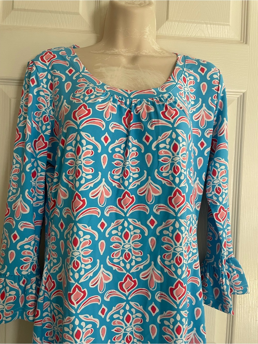 NWT Barbara Gerwit Blue Printed Midi Shift Dress with Flared Sleeves - Picture 2 of 4